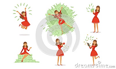 Beautiful Happy Rich Woman Set, Girl Millionaire Character Counting and Bathing in her Money, Financial Success Vector Vector Illustration