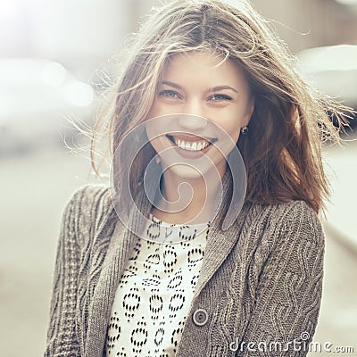 Beautiful happy smiling girl outdoors. Woman smiling joyful, fri Stock Photo