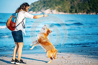 Beautiful Happy Woman Running With Her Dog, Wet Sand On The Beach By Sea. Girl Enjoying Summer Holidays Vacations, Having Fun Stock Photo