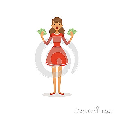 Beautiful happy young successful rich woman character in red dress holding a lot of money, financial success colorful Vector Illustration