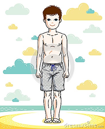 Beautiful happy young teenager boy posing wearing fashionable beach shorts. Vector human illustration. Vector Illustration