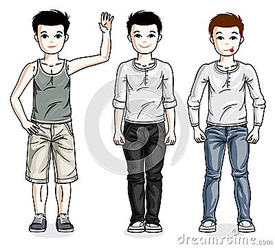 Beautiful happy young teenager boys posing wearing fashionable casual clothes. Vector Illustration