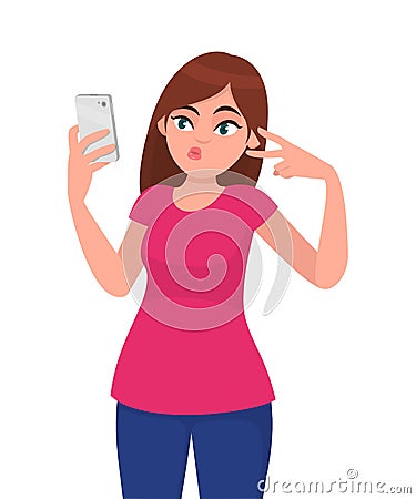 Beautiful happy young woman taking selfie and gesturing peace or victory sign. Modern lifestyle and communication. Vector Illustration