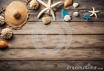 Beautiful hat with starfish seashell on wooden table Generative AI Stock Photo