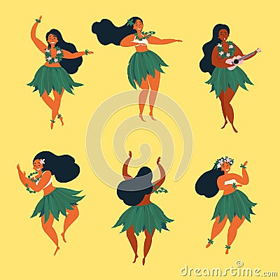 Beautiful Hawaiian girl dancing hula and ukulele Vector Illustration