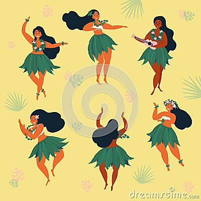 Beautiful Hawaiian girl dancing hula and ukulele Vector Illustration