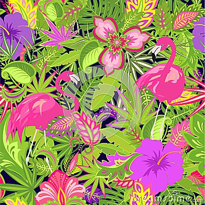 Beautiful Hawaiian wallpaper with exotic flowers, hibiscus and lily, tropical and palm leaves and flamingos Vector Illustration