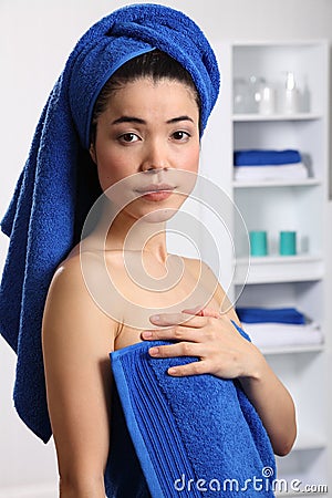 Beautiful headshot japanese woman in bathroom Stock Photo