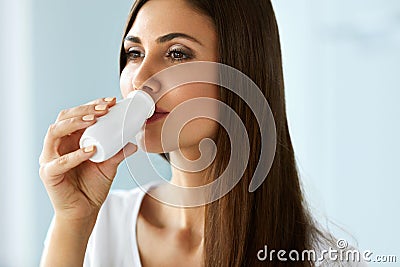 Beautiful Healthy Woman Drinking Natural Yogurt, Dairy Product Stock Photo