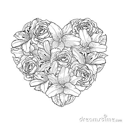 Beautiful heart decorated by flowers, roses and li Vector Illustration