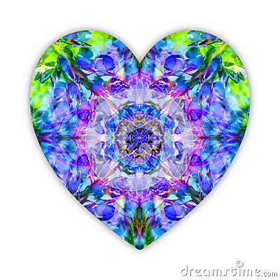 A beautiful heart made of lupine wild flowers collage. Bright mystical heart like a blue, green and voilet crystal for Valentines Stock Photo