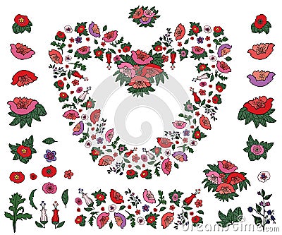 Beautiful heart made of poppies and tulips with endless border isolated on white background Vector Illustration