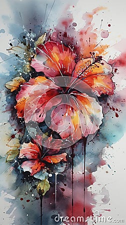 Beautiful Hibiscus Flower Watercolor Fluffy Colorful Contemporary Art Oil Painting Stock Photo