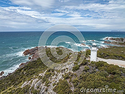 Beautiful high angle aerial drone view of Rocky Cape Lighthouse, part of Rocky Cape National Park, Tasmania Stock Photo