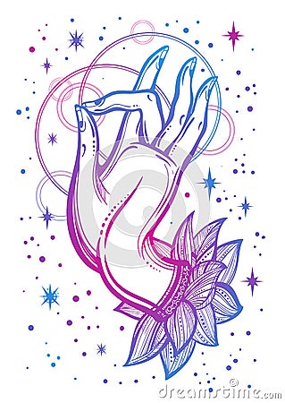 Beautiful high-detailed Buddha`s hand illustration. Religious vector artwork in linear style isolated. Tattoo, spiritualy, yoga. Vector Illustration