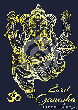 Beautiful high-detailed Lord Ganesha vector illustration. Vintage gold. Graphic, tattoo art, yoga, Indian, spa, religion, boho. Vector Illustration