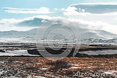 Beautiful highland iceland blue lake near Hekla among snow mountains. Stock Photo