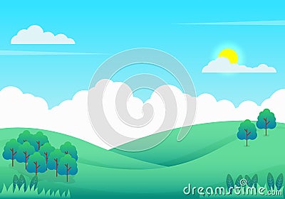 Beautiful hills landscape vector illustration with trees and bright sky suitable for background Vector Illustration