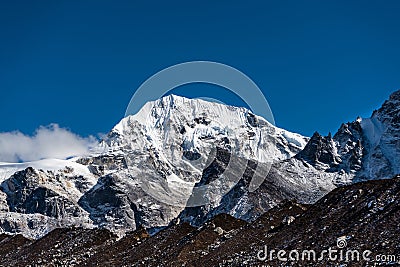 Beautiful Himalayan Landscape with Snow capped Mountains in Kanchenjunga Base Camp Trekking in Nepal Stock Photo