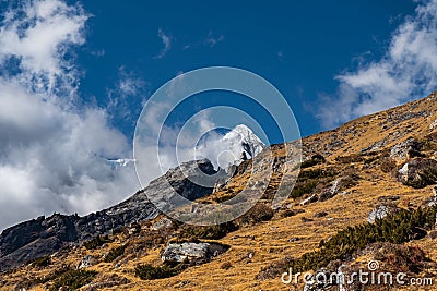 Beautiful Himalayan Landscape with Snow capped Mountains in Kanchenjunga Base Camp Trekking in Nepal Stock Photo