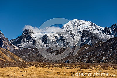 Beautiful Himalayan Landscape with Snow capped Mountains in Kanchenjunga Base Camp Trekking in Nepal Stock Photo