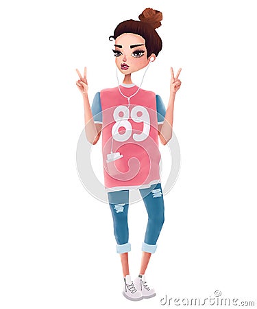 Beautiful hip hop girl with a bun raster illustration. wearing cool t-shirt, jeans and sneakers, listening to music using headphon Cartoon Illustration