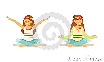 Beautiful Hippie Girl Meditating in Lotus Position Set, Happy Young Women Characters Wearing Retro Clothes Cartoon Vector Illustration