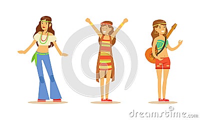 Beautiful Hippie Girls Set, Happy Young Women Characters Wearing Retro Clothes Cartoon Vector Illustration Vector Illustration