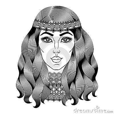 Beautiful hippie woman. Fashion girl with curly long hair. Vector Illustration