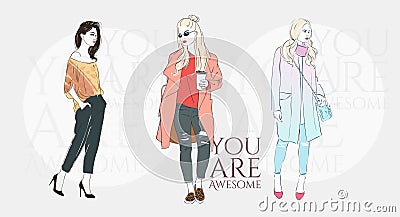 Beautiful hipster woman with trend hairstyle in a fashion jacket, pants in glasses with coffee. Vector illustration. Vector Illustration