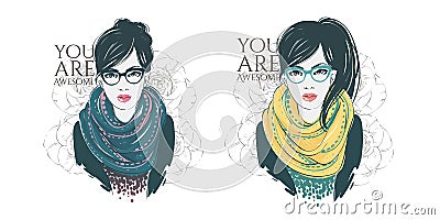 Beautiful hipster young women in a fashion jacket with scarf and glasses. Vector hand drawn illustration Vector Illustration