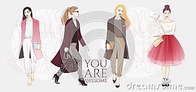 Beautiful hipster young women in a fashion jackets, retro clothes and pants. Vector hand drawn sketch illustration. Vector Illustration