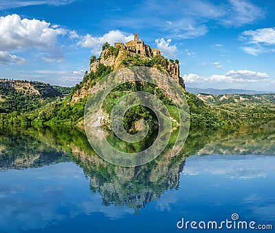 Beautiful historic castle on famous rock with crystal clear lake Stock Photo