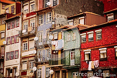 Beautiful historic colorful buildings in the old town of Ribeira in the city of Porto, Portugal Stock Photo