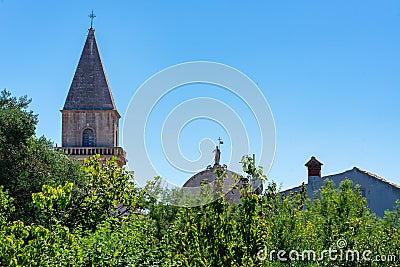 Beautiful historical old town Osor skyline over trees on Cres island Stock Photo