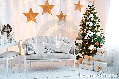 Beautiful holdiay decorated room with Christmas tree Stock Photo