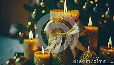 Beautiful holiday decorated with golden candles with a holiday bow and sacred, cinematic Stock Photo