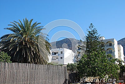 Beautiful holiday houses and tropical trees on the background of mountains Stock Photo