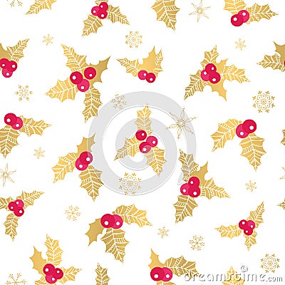 Beautiful Holly Berry seamless pattern, handdrawn creative leaves - christmas background, great for X-Mas themes, banners, Vector Illustration