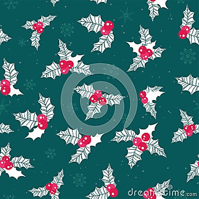 Beautiful Holly Berry seamless pattern, handdrawn creative leaves - christmas background, great for X-Mas themes, banners, Vector Illustration