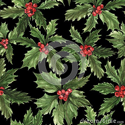 Beautiful holly Ilex berries in seamless pattern Stock Photo