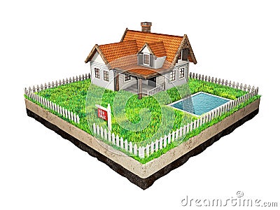 Beautiful home for sale realestate sign. Little cottage on a piece of earth in cross section. 3D illustration. Cartoon Illustration