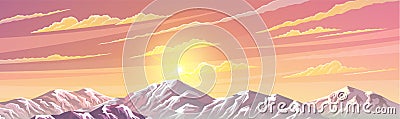 Beautiful horizon with mountaine scenery, snow-capped peaks, sunrise or sunset on clear bright day Vector Illustration