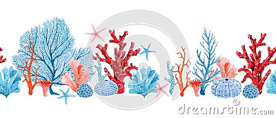 Beautiful horizontal seamless underwater pattern with watercolor starfish and corals. Stock illustration. Cartoon Illustration