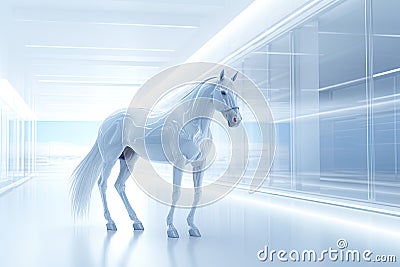 beautiful horse in a big futuristic space, symbolizing dynamic innovation and forward-thinking in business. Stock Photo