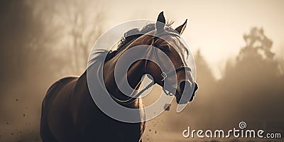A beautiful horse with a long mane. Portrait in motion. Generative AI. Beautiful horse portrait. Panorama. Banner Stock Photo