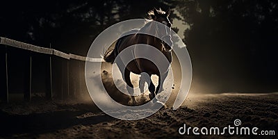 A beautiful horse with a long mane. Portrait in motion. Generative AI. Beautiful horse portrait. Panorama. Banner Stock Photo