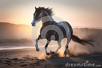 Beautiful Horse running on a beach at sunset. Stallion Running on the beach splashing waves at sunrise. Ai generated Cartoon Illustration