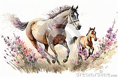 Beautiful horse with a small foal in the meadow, watercolor illustration. Generative AI Cartoon Illustration