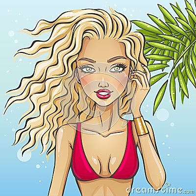 Beautiful hot girl in bikini on the beach Vector Illustration